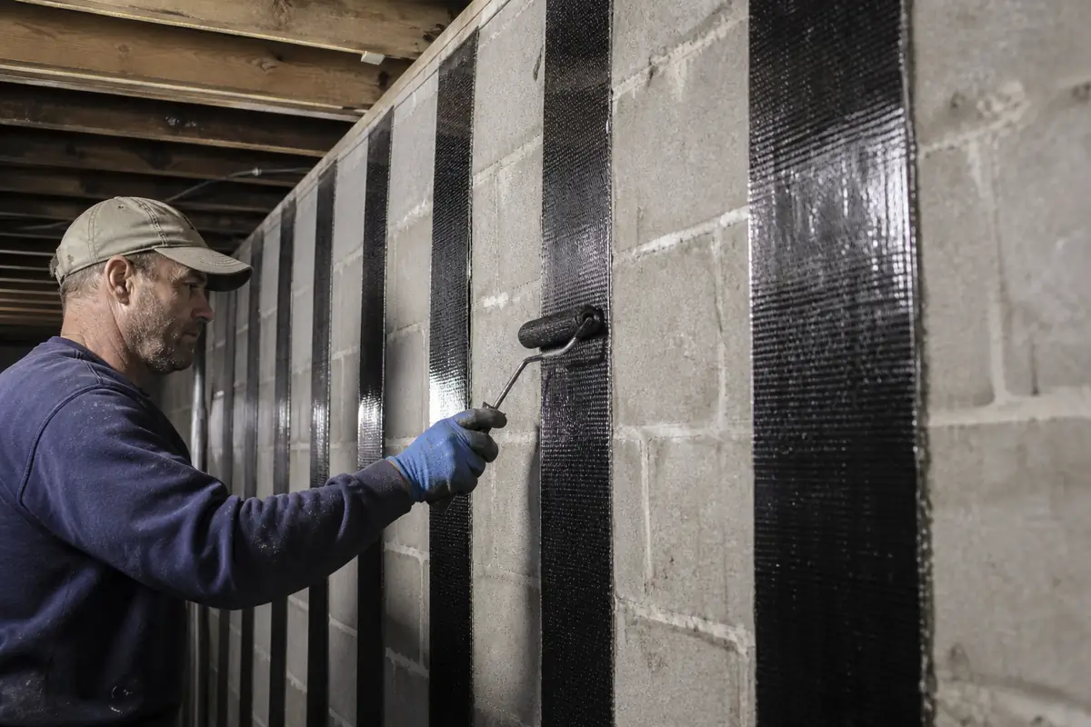 Carbon fiber straps bonded to a bowing concrete-block basement wall in Canton Ohio