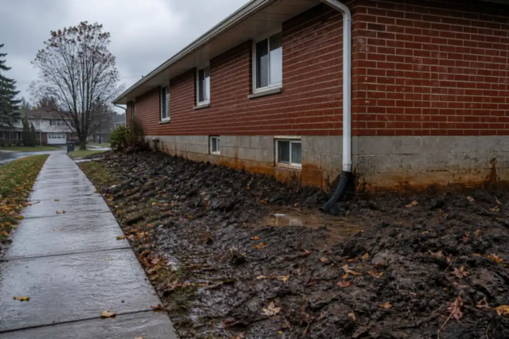 Wet Stark County clay piled against a 1960s brick ranch foundation after rain in Canton Ohio