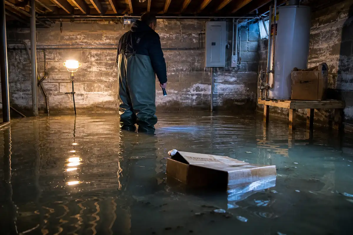 Emergency technician in waders assessing standing water in a flooded Canton Ohio basement